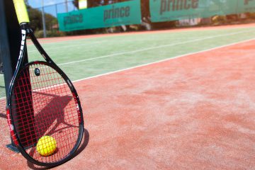 tennis racquet and ball on a court